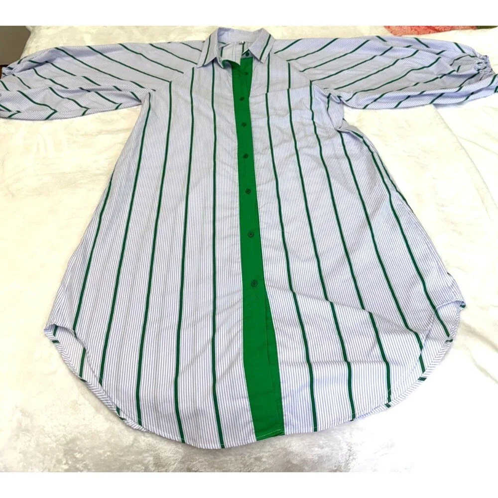 FLICKA Korea Stripe Shirt Dress Green Lavender White Balloon Sleeve Oversized OS